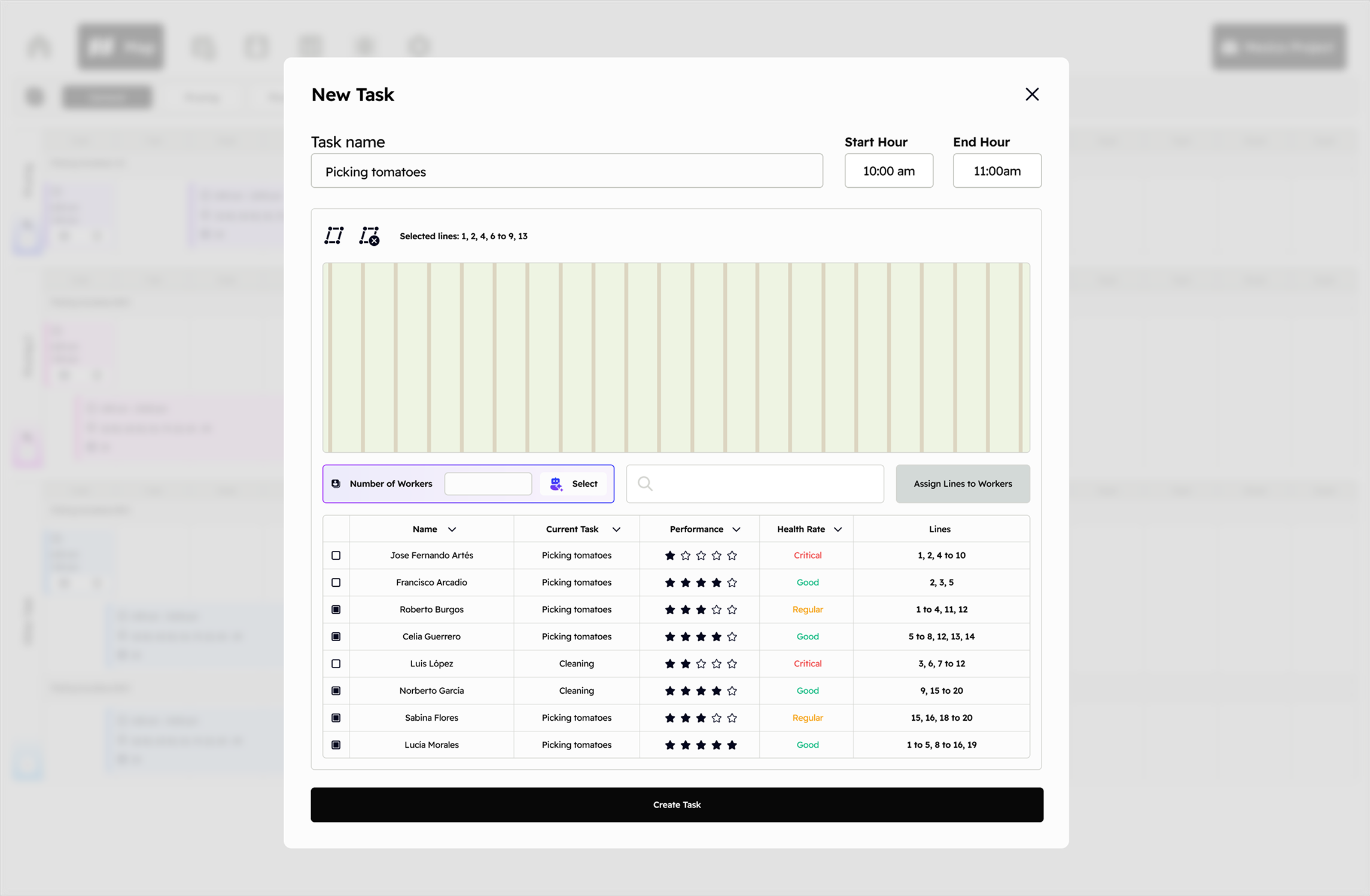 Modal de creación y asignación de tareas de BigGrower