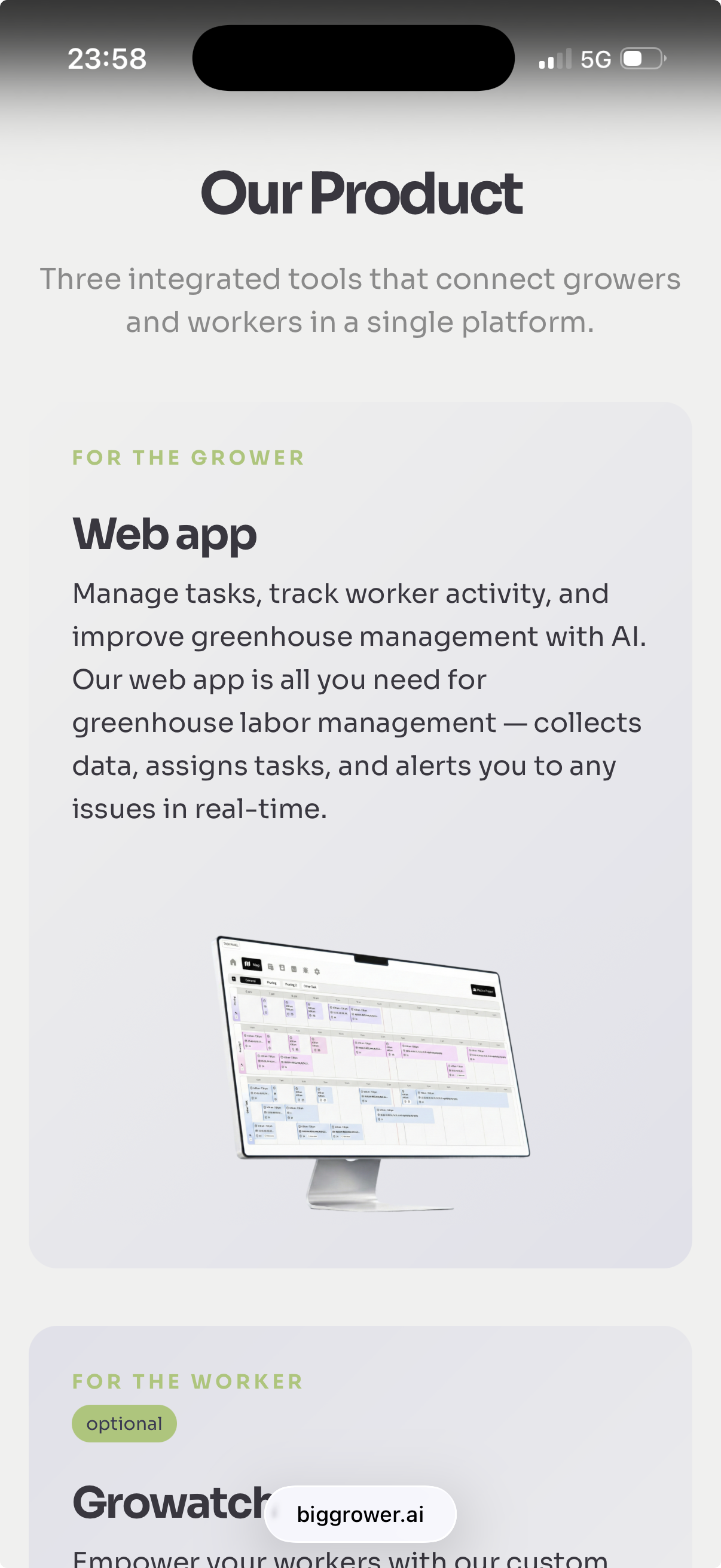 Página de producto de BigGrower en móvil